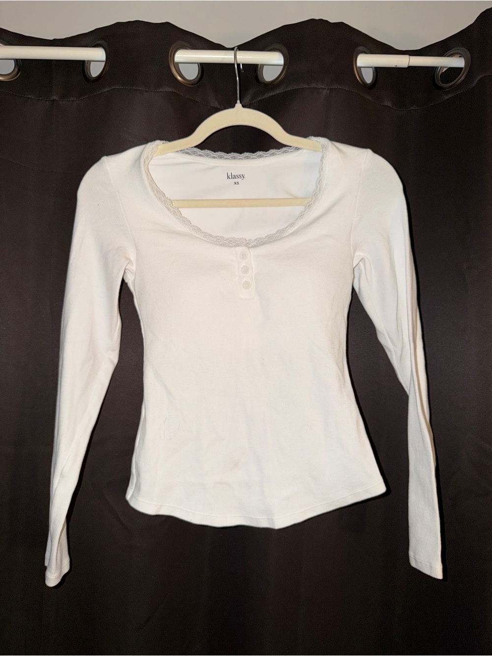 Klassy Network White Lace-Trim Long Sleeve Henley Top